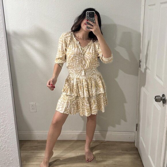 Patrons of Peace June Print Dress Ruffle Tiered 3/4 sleeves beige‎ white Large L - Picture 2 of 12